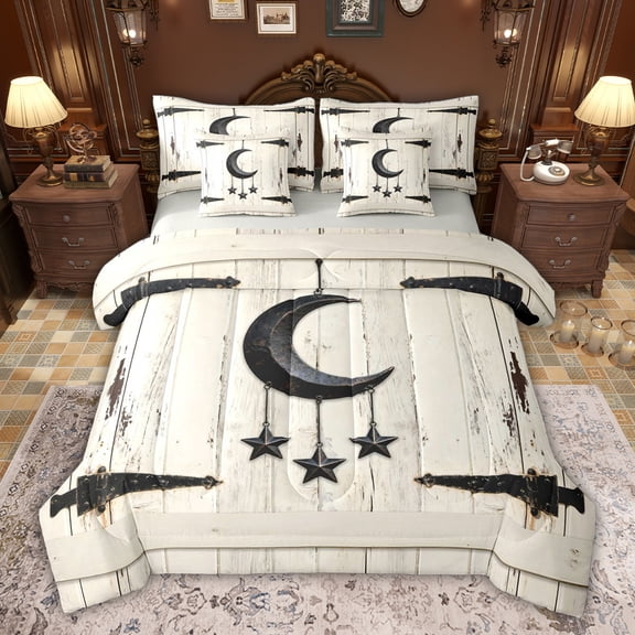 jejeloiu Old Wooden Plank 7-Piece Twin Bedding Sets,Cartoon Moon Stars Bedding Comforter Set For Girls Boys Reversible