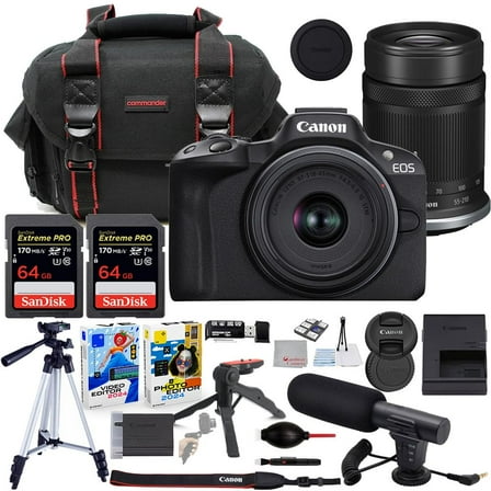Canon EOS R50 Mirrorless Camera with 18-45mm & 55-210mm Lens Bundle with Commander Gear Bag   Microphone   2X 64GB Extreme Memory Cards   Accessory Kit