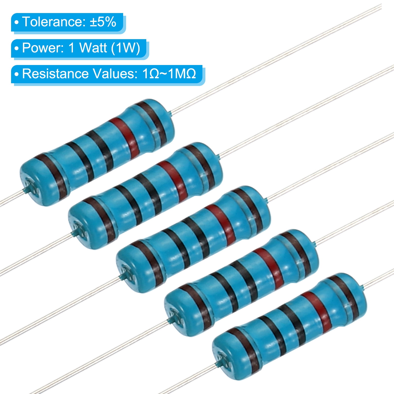 Uxcell 1Ohm to 1MOhm Metal Film Resistor Assortment Kit 50 Value 1W 5% Tolerance, 500 Pack
