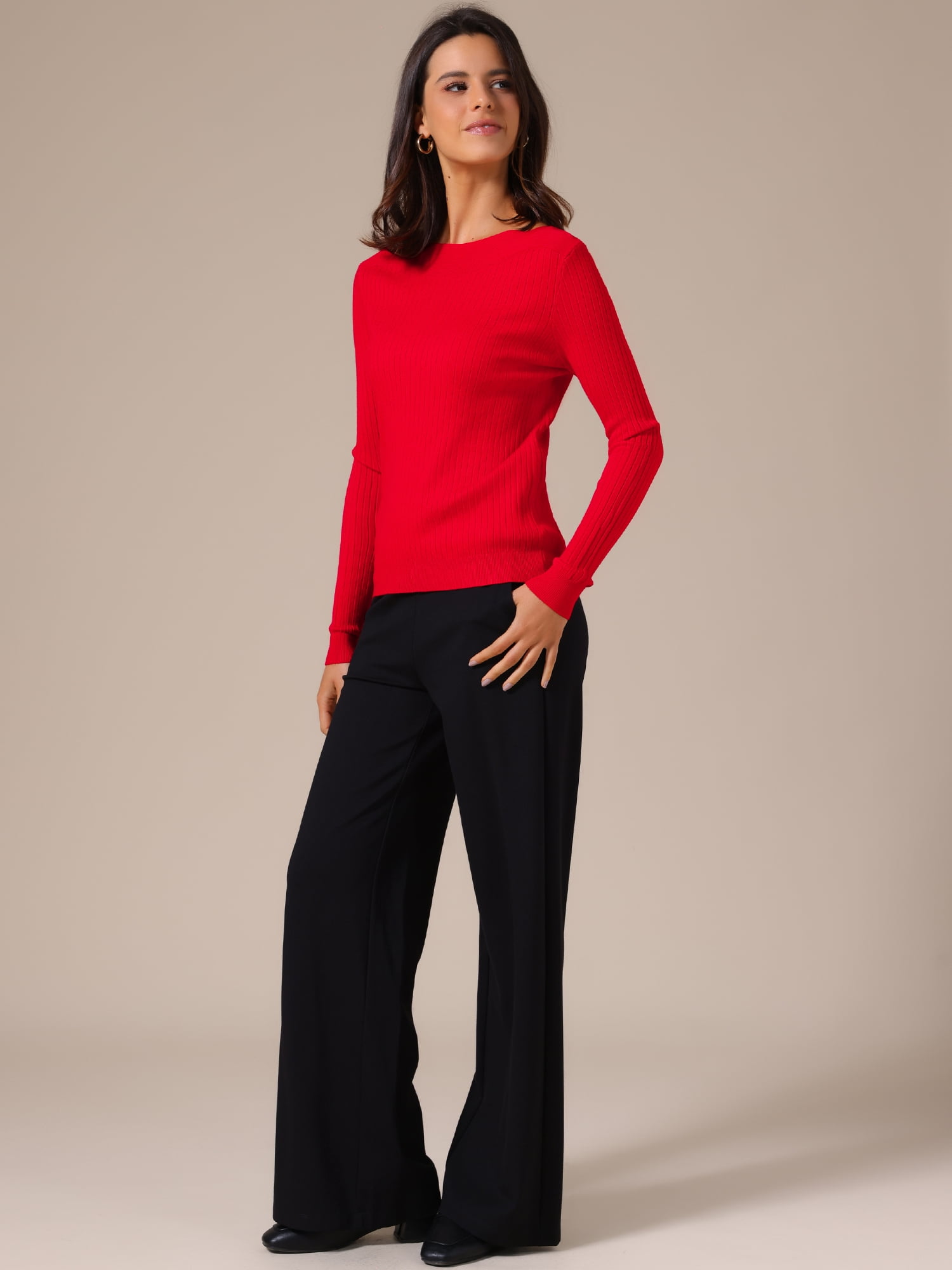 DARING DIVA Women's Boat Neck Long Sleeve Ribbed Sweaters S Red