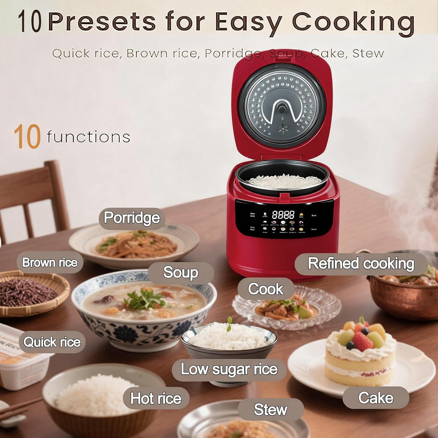 Rice Cooker 2L  Portable with 10 Functions, 400W Fast Cooking, Non-Stick Pot, 24H Timer for Dorms and Camping