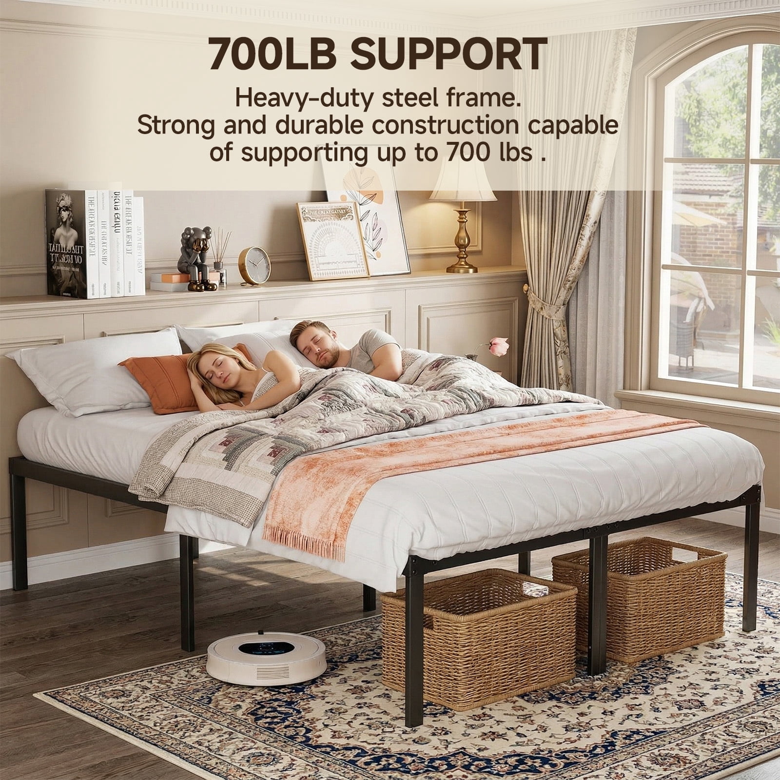 Alvantor Heavy Duty Metal Bed Frame with Storage, Steel Slat Support,Black,King