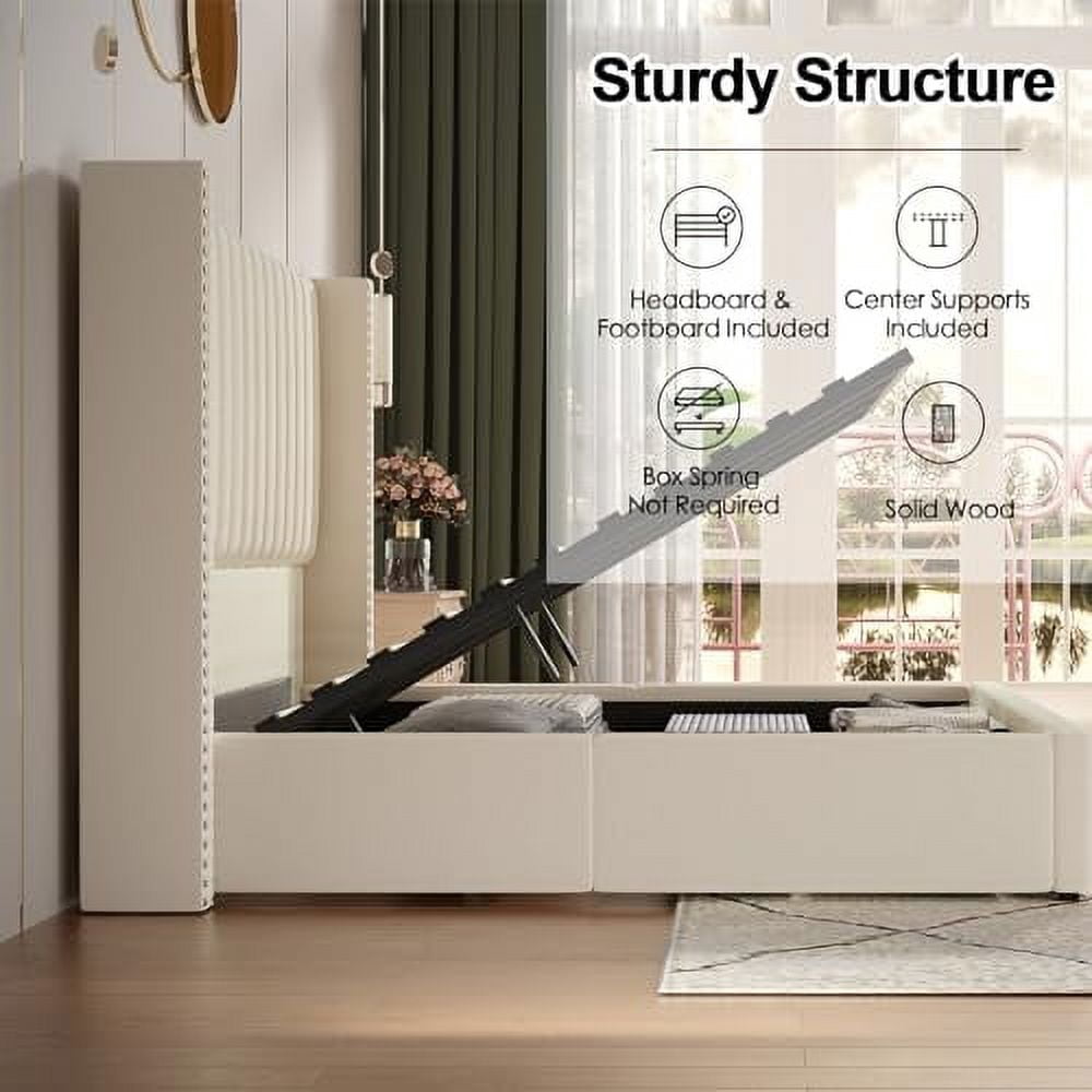 VanAcc Lift up Storage Bed Frame King Size, Upholstered Platform Bed Velvet with Channel Tufted Wingback Headboard, No Box Spring Needed, Cream