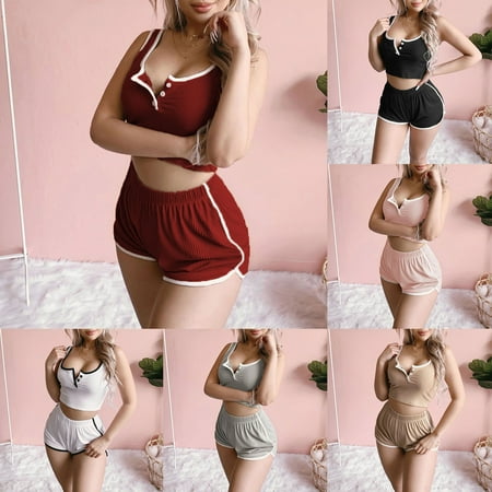 

Hopeup Pajama Set 2 Piece Skinny Women U Neck High Waist Sleepwear for Sports