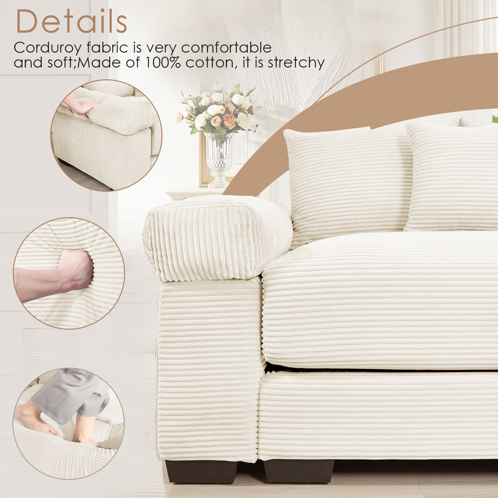 Anpport 92" Oversized Cloud Modular 2-Seater Beige Corduroy 2-Seater, Washable Removable Covers, Double-Layer Thick Cushions, Wide Armrest Small Apartment Sofa