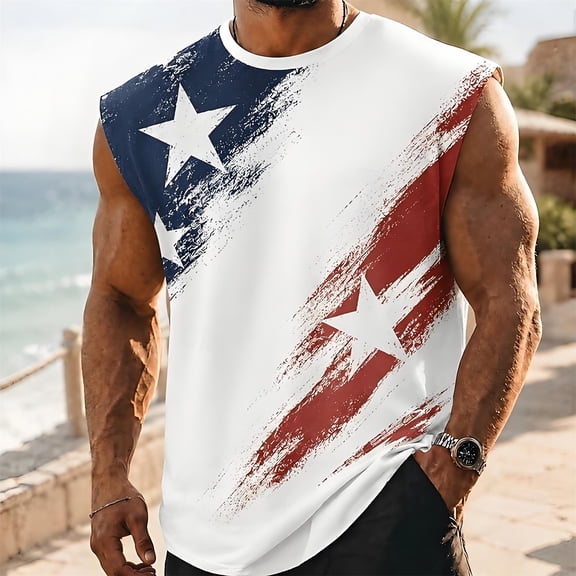 Mens Tank Tops Sleeveless Lightweight Muscle Breathable Summer Undershirt Tank America 250 Shirt White L