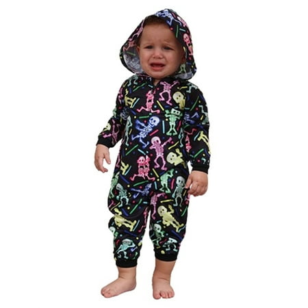 

MIPREWUY Family Matching Halloween Jumpsuits Pajamas Skeleton Print Hooded Long Sleeve Playsuits Winter Zipper Long Rompers Sleepwear