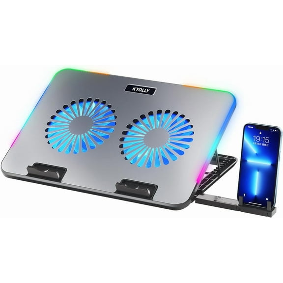 RGB Gaming Laptop Cooling Pad with Metal Panel, 2 Ultra Quiet Big Fans, 10 Lighting Modes, Phone Stand & 7 Height Adjustable Ergonomic Cooler for 10-15.6 Inch Laptops