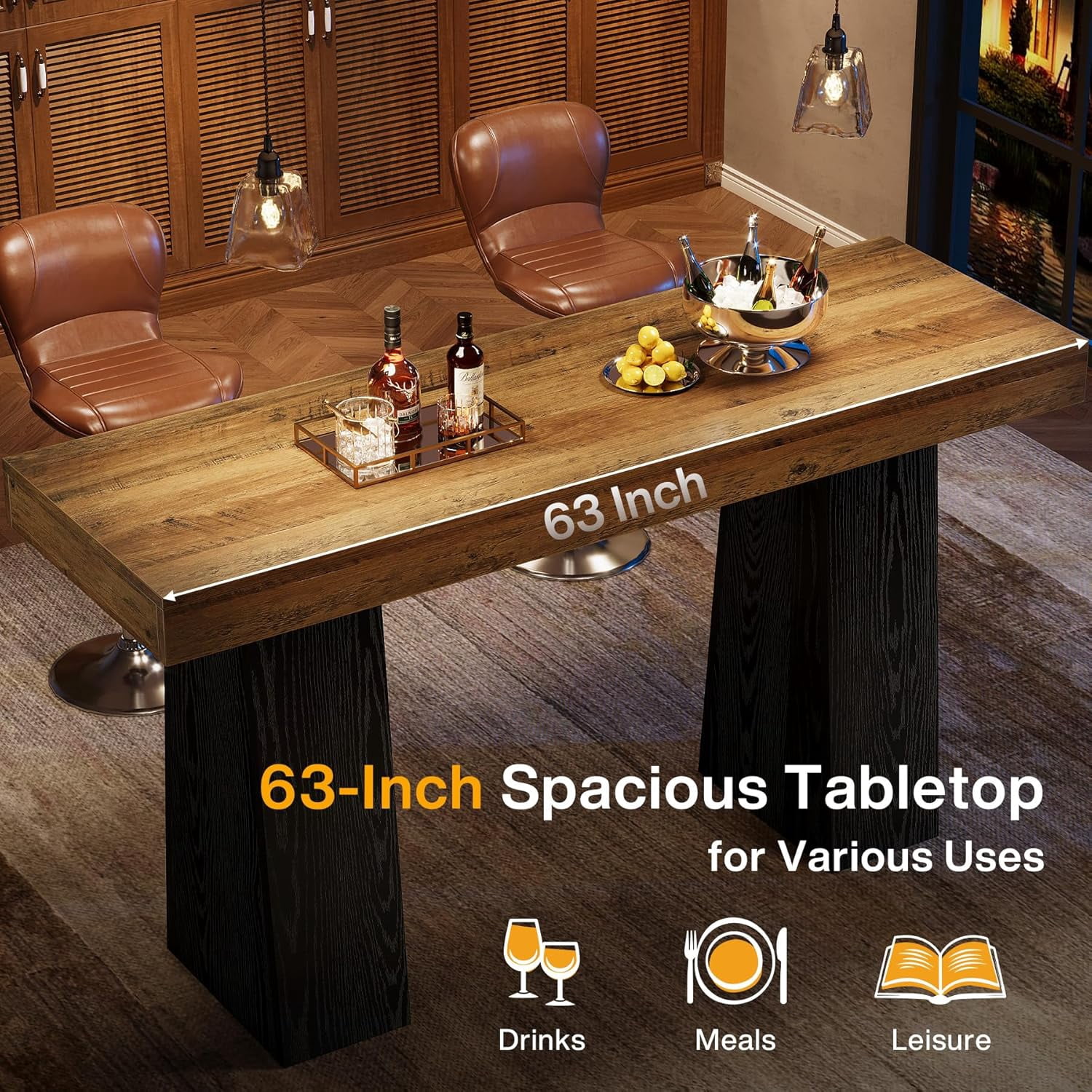 Tribesigns 63-Inch Bar Table, Wood Rustic Counter Height Pub Table for Kitchen, Dining Room, Living Room, Brown & Black