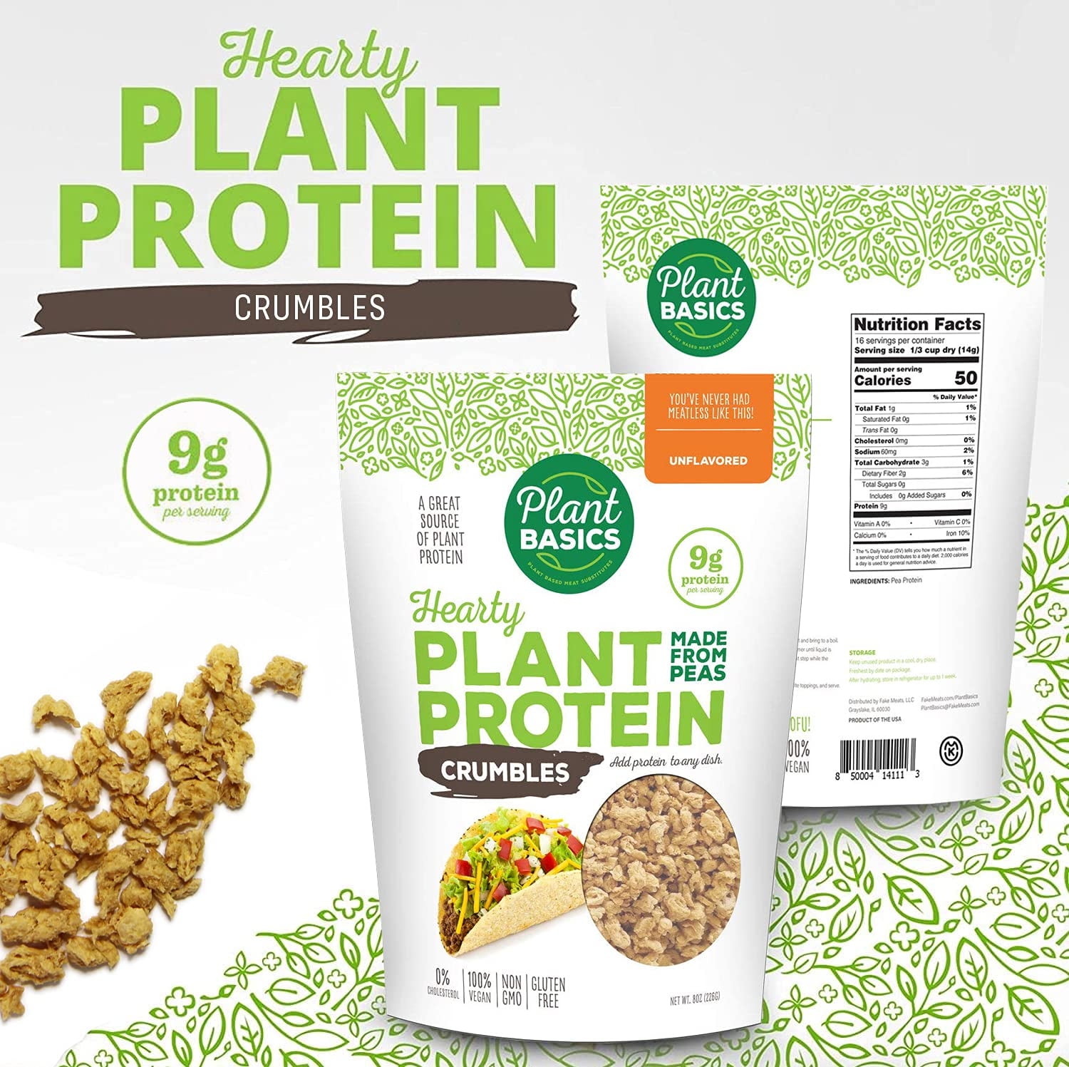 Plant Basics - Hearty Plant Protein - Unflavored Crumbles, 8 oz (Pack of 6), Made from Peas, Non-GMO, Gluten Free, Low Fat, Low Sodium, Vegan, Meat Substitute