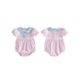 thumbnail image 2 of BemeyourBBs Newborn Baby Girl Summer Clothes Cute Striped Bubble Romper Short Sleeve Doll Collar Bow Embroidery Sweet Bodysuit Jumpsuit Infant Baby Girl Outfit, 2 of 9