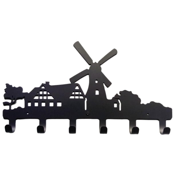 Perchero de pared de hierro con gancho, riel y organizador para puerta. Silueta decorativa. Molino