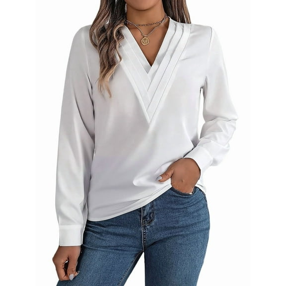Women'S Blouses Dressy Casual Triple V Neck Long Sleeve Blouse Business Work Tops White M