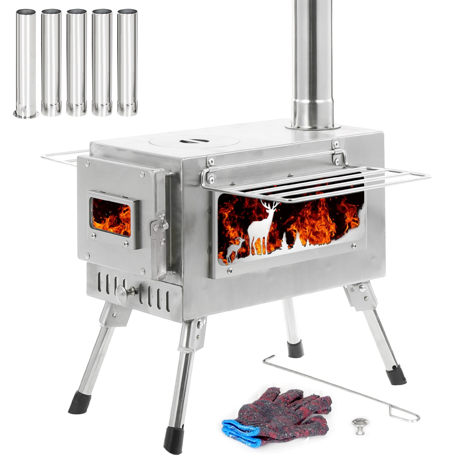Poêle à Bois Portable En Inox - Set Camping Avec Casserole Et Cendrier - Design Coupe-vent