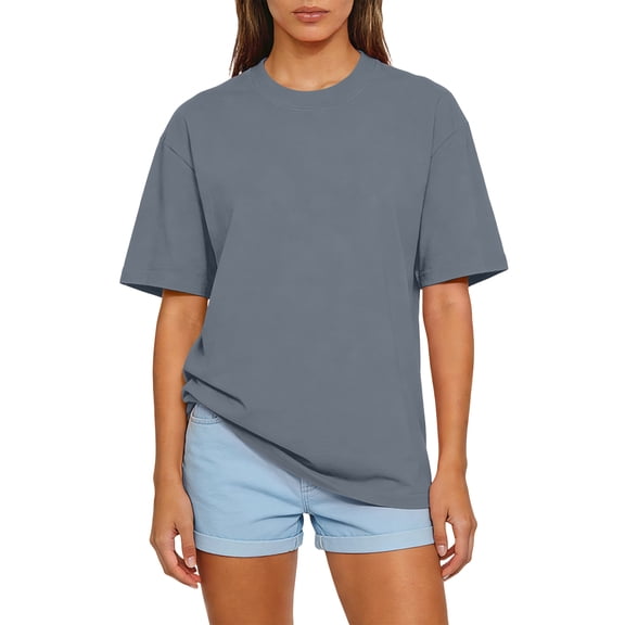 Vamuko Women's Tops Short Sleeve Crew Neck Shirts 2026 Summer Solid Color Boyfriend Workout T Shirts Cotton Loose Fit Oversized Vintage Basic Tee Light Gray S