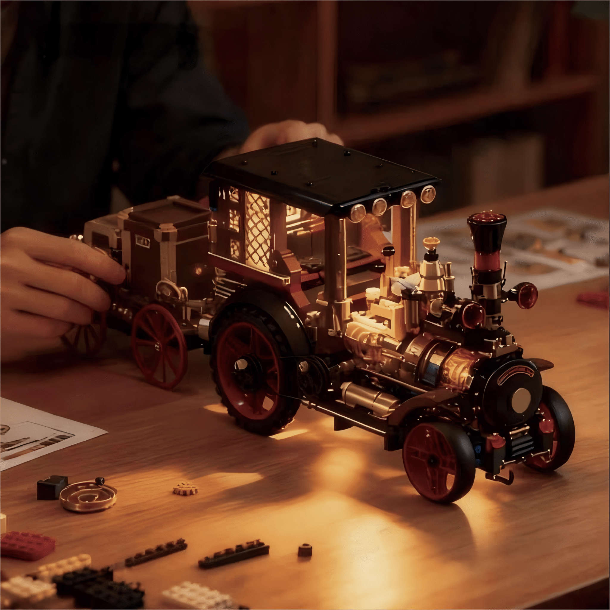 Steampunk Vintage Steam Car Building Blocks, Retro Mechanical Model Kit for Display, Home Office Table Decor (1331Pcs)