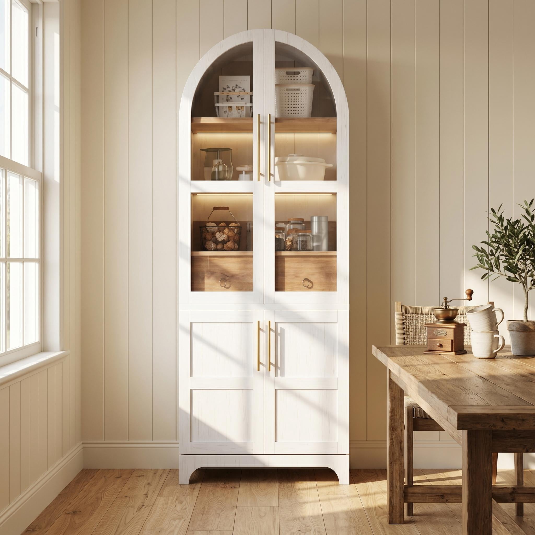 Homy Casa Arched Display Cabinet with Glass Doors, Tall Storage Cabinet for Living Room