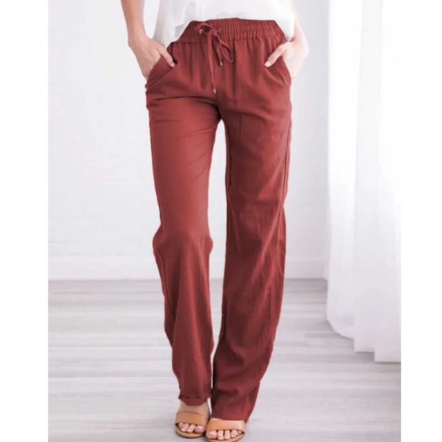 New solid color Spring And Summer Women's Cotton Linen Drawstring Loose Wide-Leg Pocket Pants Hot Sale Long Trousers