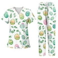 thumbnail image 2 of Black Scrubs Uniforms，Women's Short-Sleeve Easter Print Nursing Scrubs Set with Pockets，Green，XXL, 2 of 5