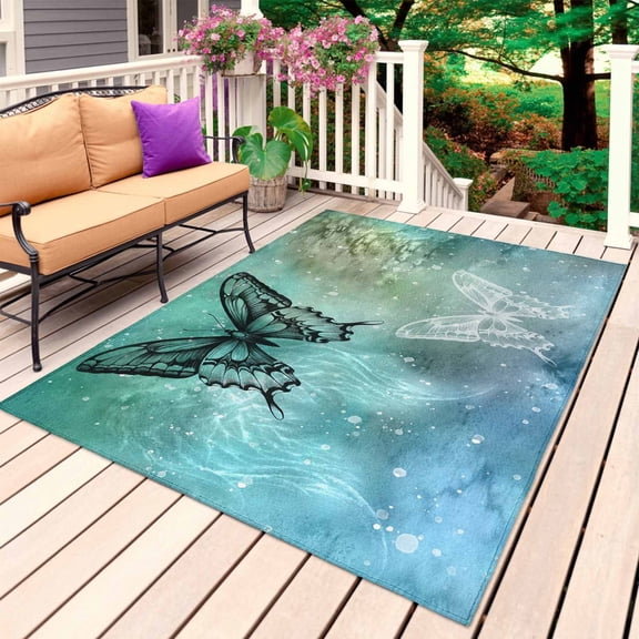 Turquoise Vintage Butterfly Outdoor Rug for Patio/Deck/Porch, Non-Slip Large Area Rug 3 x 5 Ft, Watercolor Retro Art Indoor Outdoor Rugs Washable Area Rugs, Reversible Camping Rug Carpet Runner