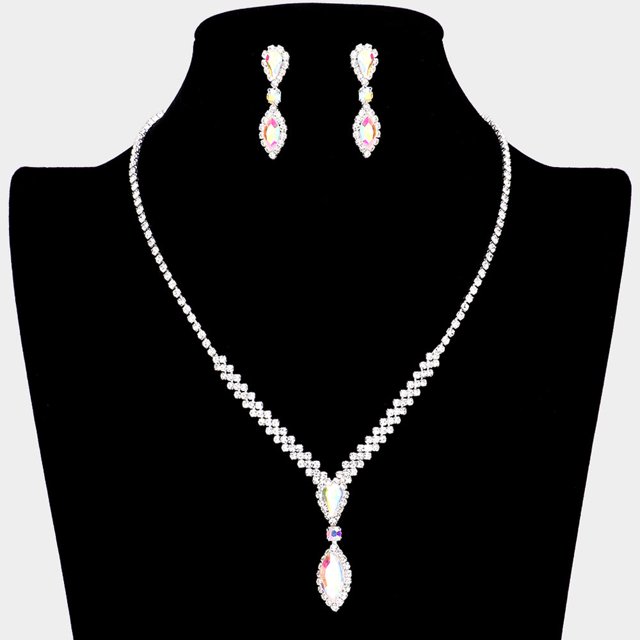 AB Silver Teardrop Marquise Stone Accented Rhinestone Necklace I