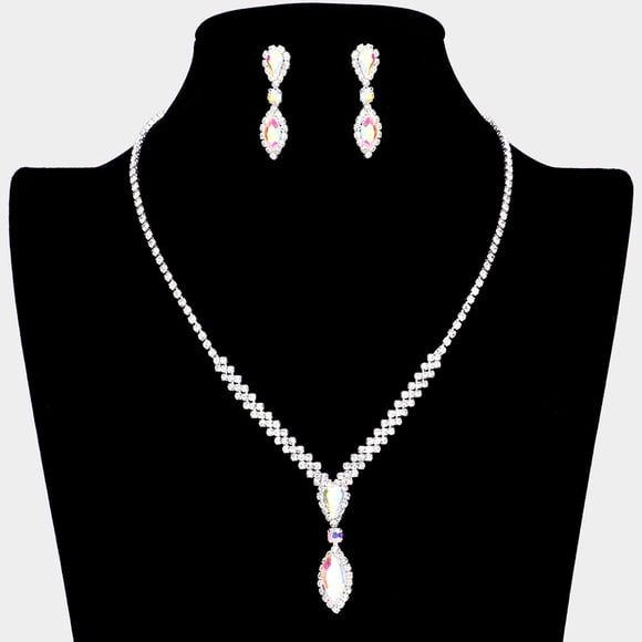 AB Silver Teardrop Marquise Stone Accented Rhinestone Necklace I