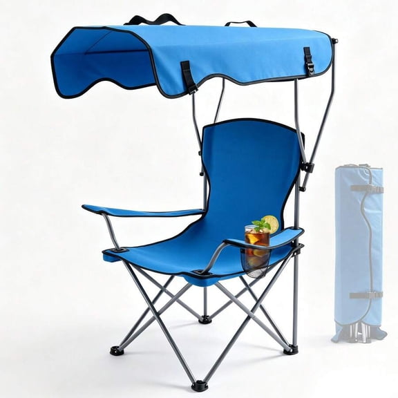 Portable Camping Chair With Adjustable Canopy, Outdoor Folding Chair With Cup Holder & Sun Shade For Beach, Camping, Sports