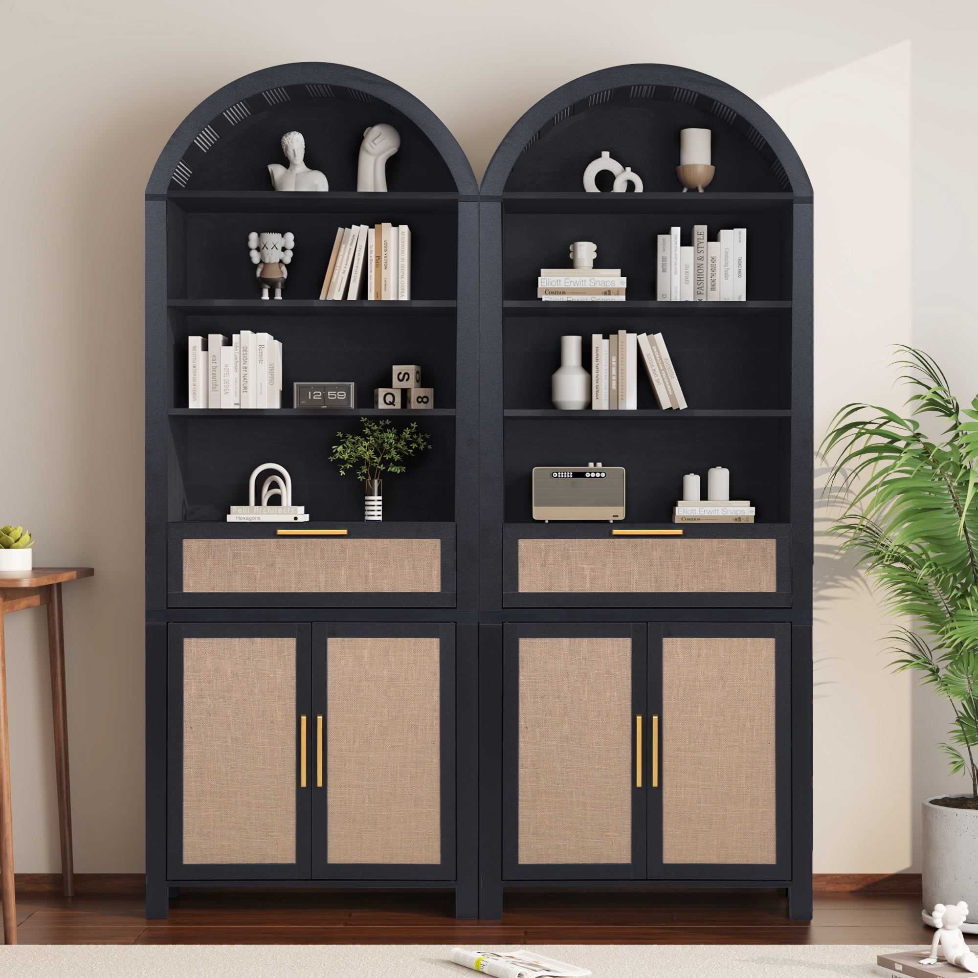 LEFHDA 2PCS 78" Tall Bookshelf, Arched Bookcase with Drawers, Mid-Century Modern 6-Tier Bookshelf with Storage, Rattan Open Display Storage Shelf Bookshelf for Living Room Bedroom & Classroom(Black)