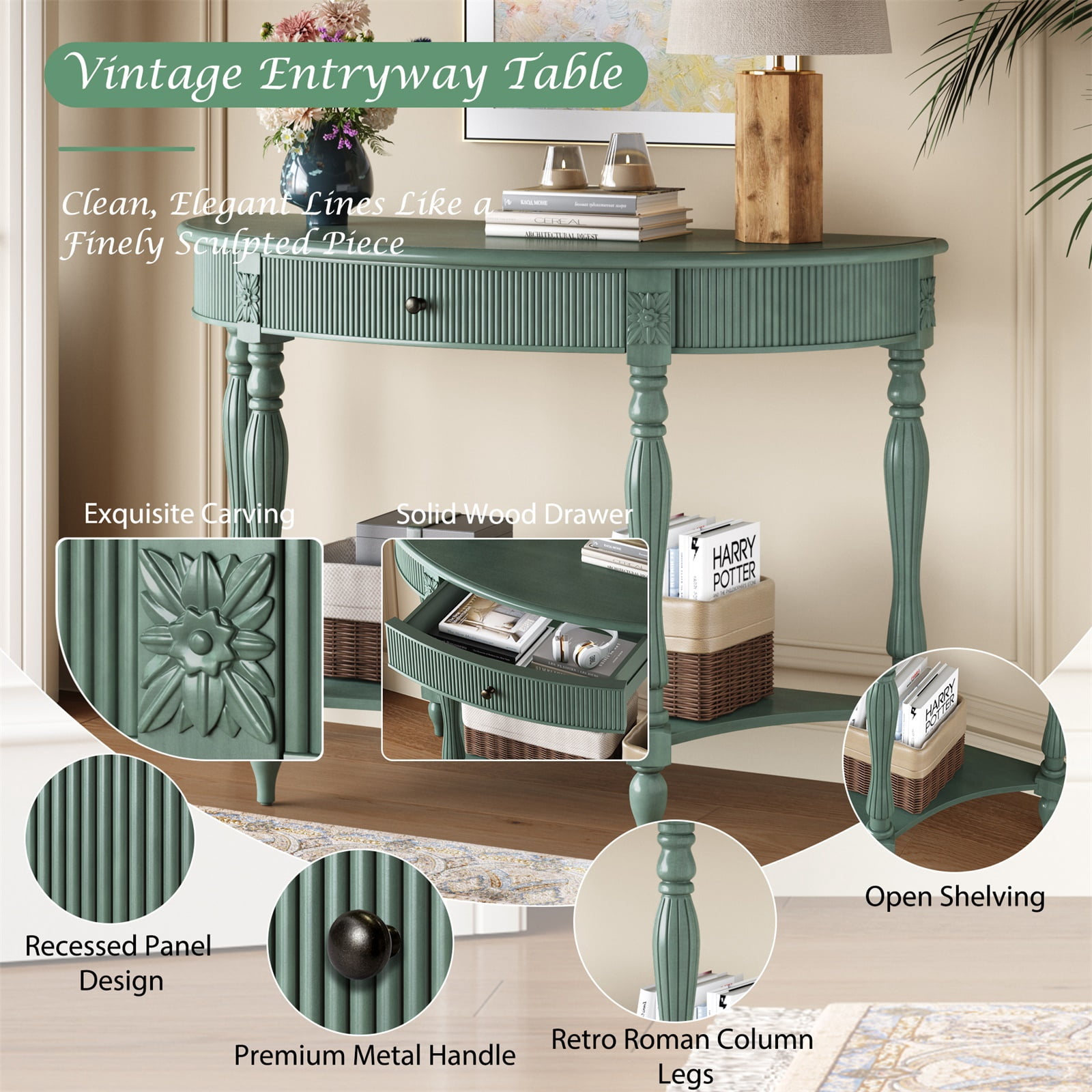 Hommoo Solid Wood Half Moon Console Table with Drawer & Open Shelf, Vintage Fluted Entryway Table for Hallway, Foyer, Living Room, Sofa Table with Roman Column Carved Legs, Rustic Green