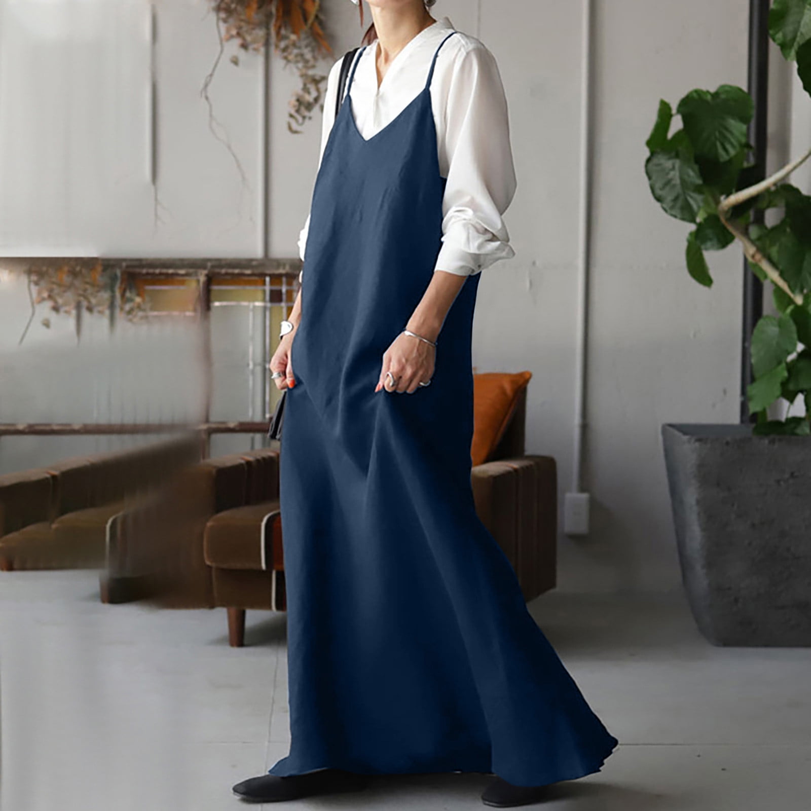 Maxi Dress for Women V Neck Spaghetti Strap Cotton Linen Slip Dress Solid  Sleeveless Casual Loose Summer Long Dress - Walmart.com