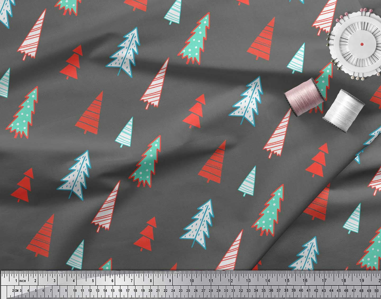Soimoi Gray Cotton Voile Fabric Christmas Tree Print Fabric by the Yard 56 Inch Wide