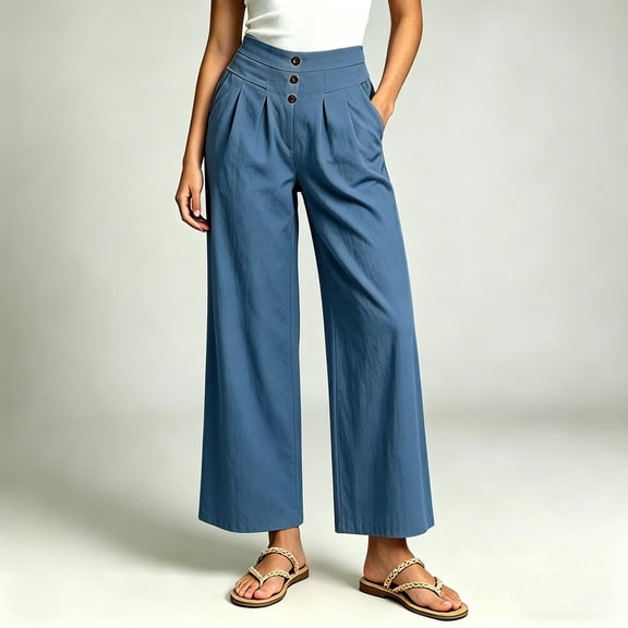 HongQid High Waisted Pleated Wide Leg Pants for Women Button Detail Casual Summer Linen Blend DressyTrousers with Pockets
