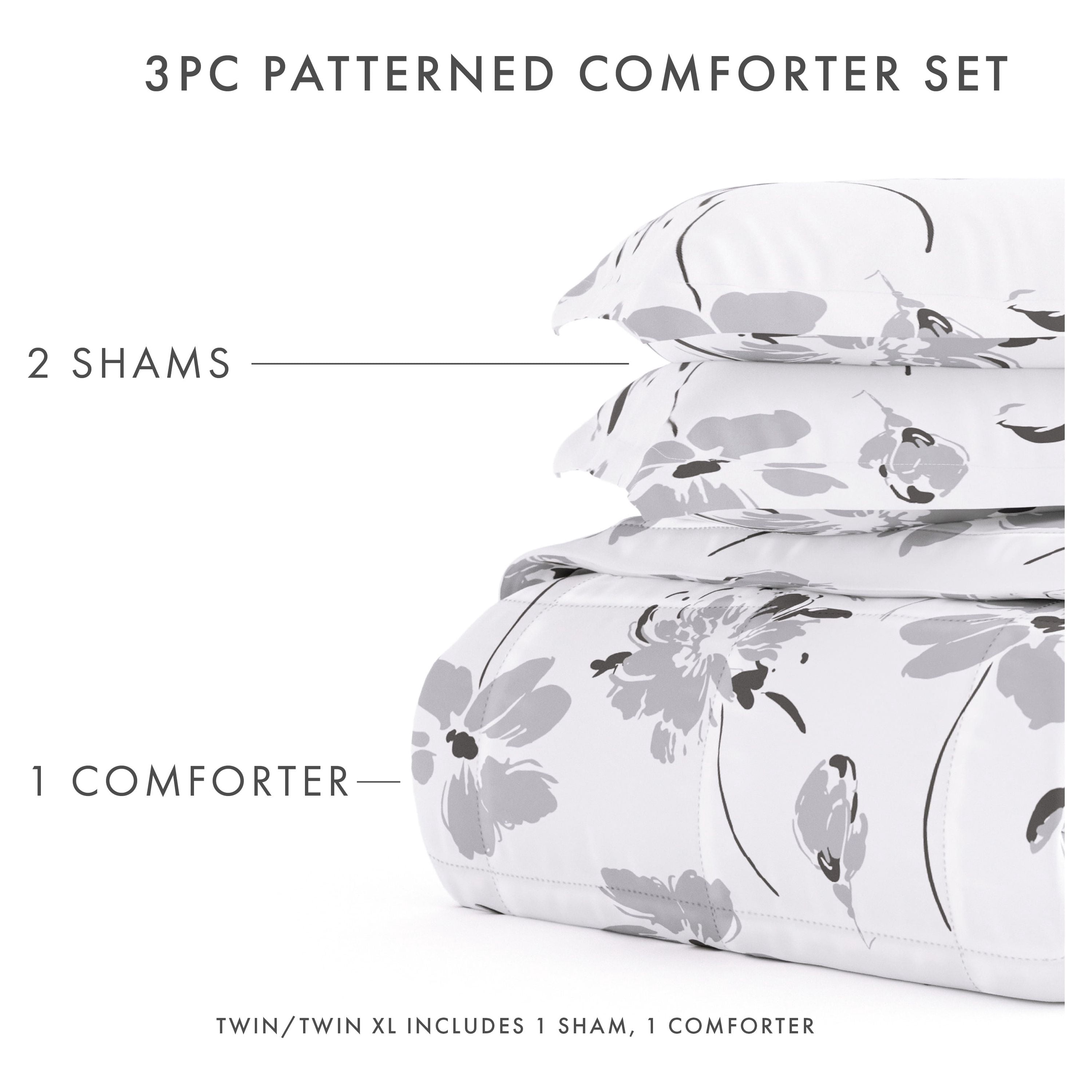 Noble Linens 3-Piece Light Gray Magnolia Gray Print Comforter Set, King/CalKing