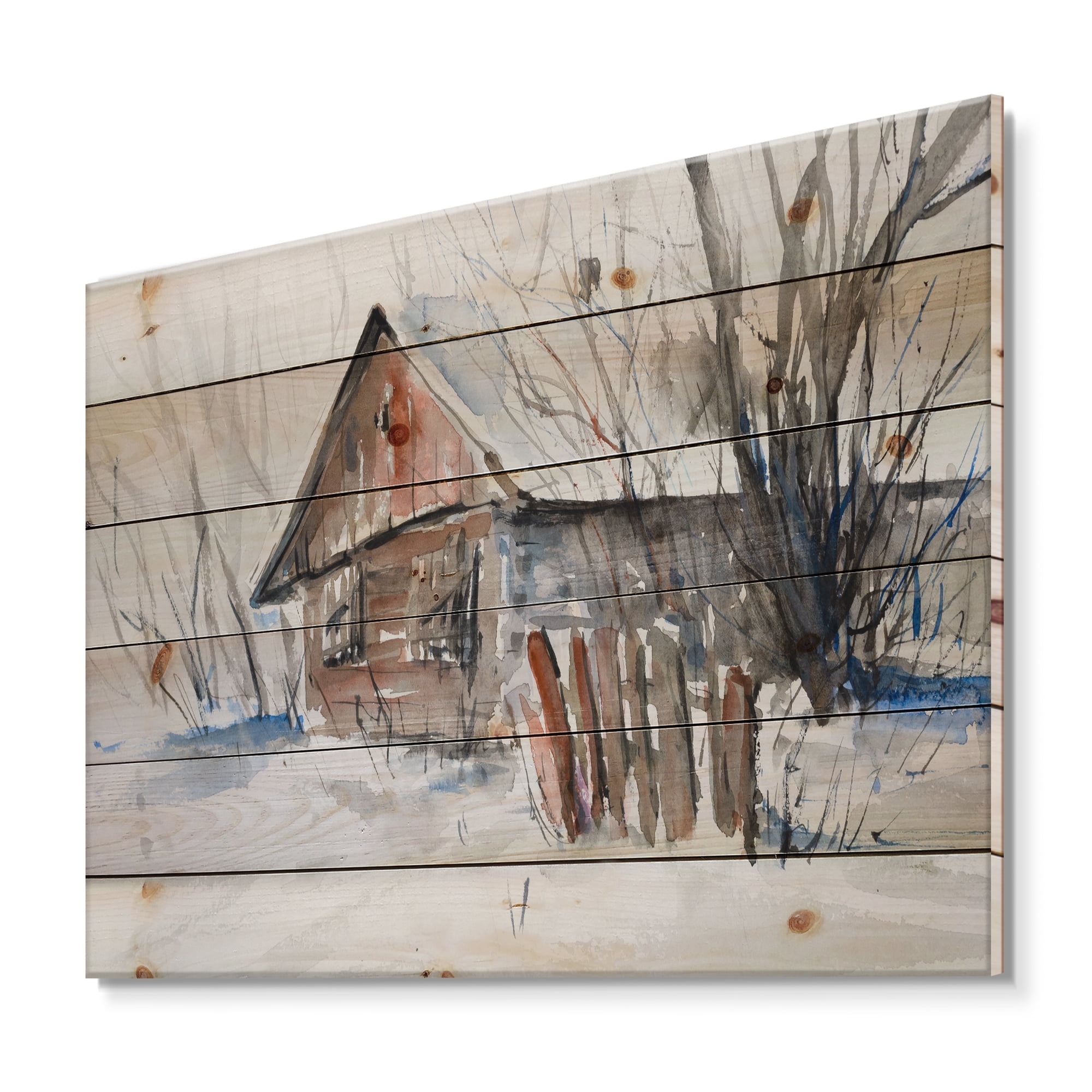 Designart 'Old Abandoned Wooden House In Winter Snow Picture' Traditional Print on Natural Pine Wood