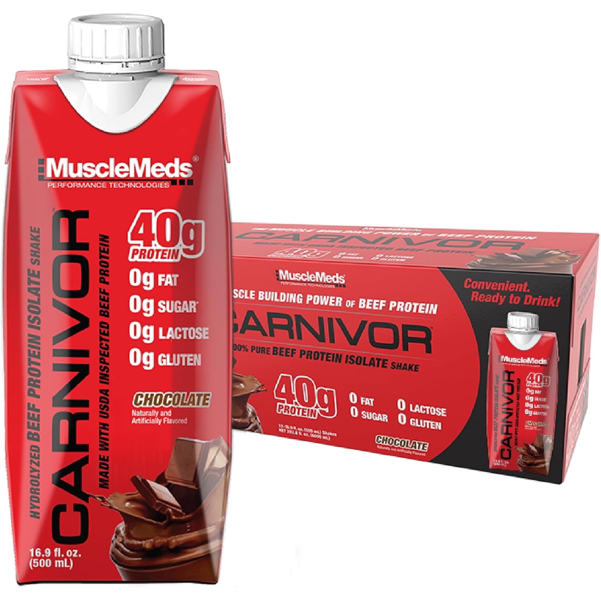 MuscleMeds Carnivor Ready to Drink Beef Protein, 40g Isolate, Lactose & Sugar Free, Chocolate, 16.9oz (12 Pack)
