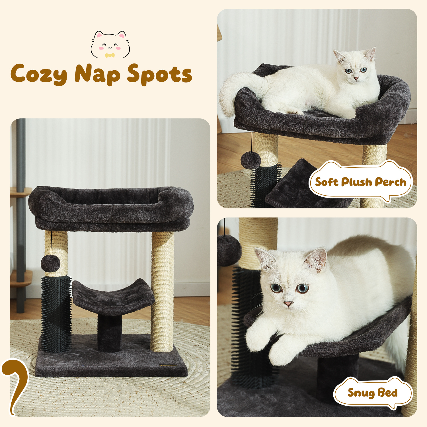 Hoopet 20" Cat Tree Tower, Scratching Post for Indoor Cats with Cozy Perch, Self Groomer & Interactive Ball,Smoky Grey