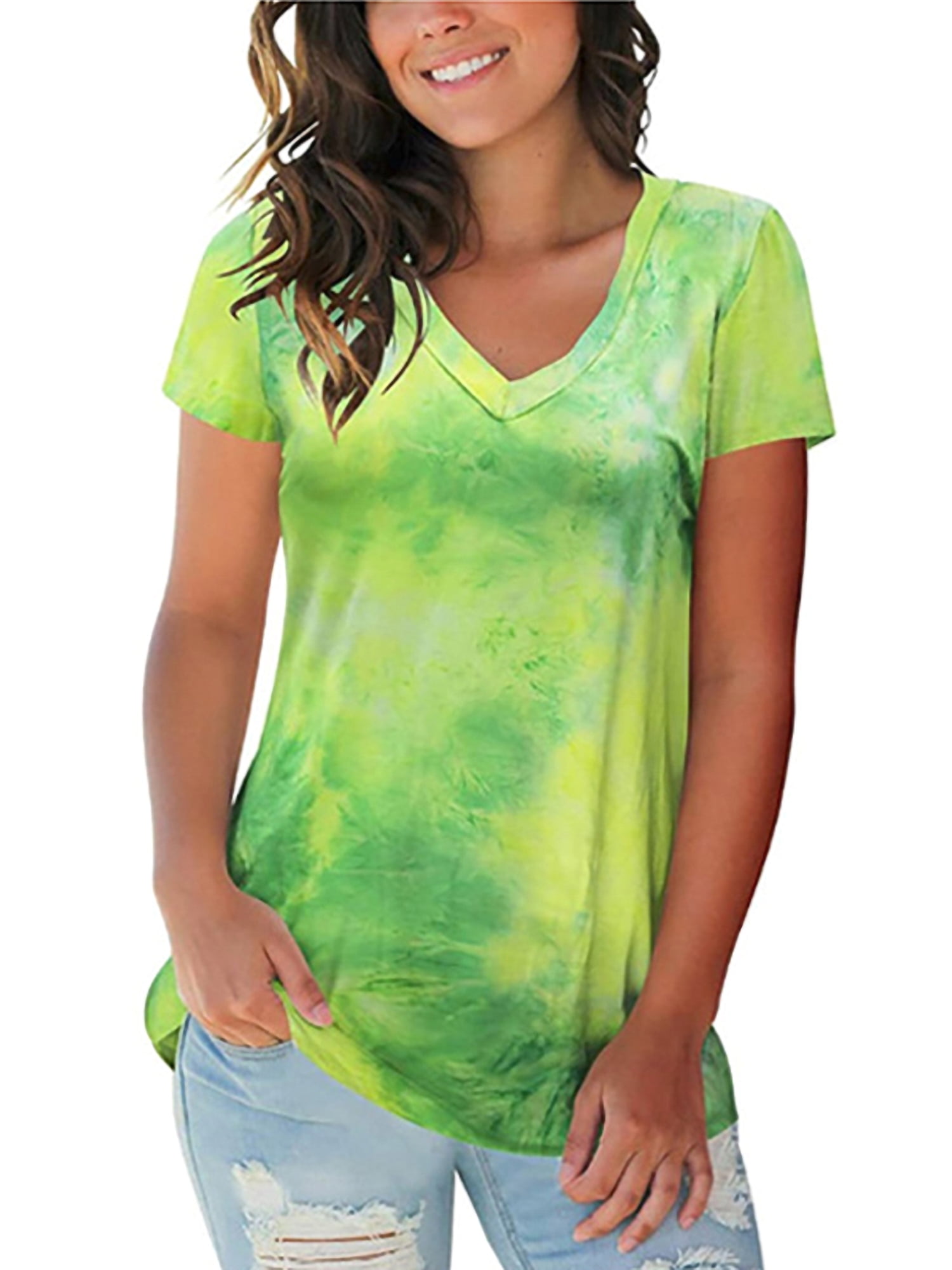 Cbcbtwo Summer Soild Color Tunic Tops For Women 2022 Casual Tie Dyed T Shirts Short Sleeve Crewneck Flowy Blouse Comfy Tees 
