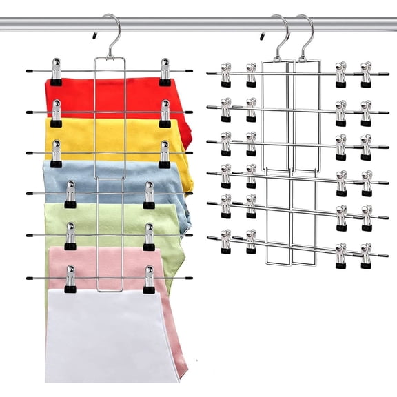 Pants Hangers with Clips,Space Saving Hanging Closet Organizer-6 Tiers Skirt Hangers with 360° Swivel Hook,Closet Organizer-Clothes Hangers- College Dorm Essentials Apartment Essentials-2 Pack
