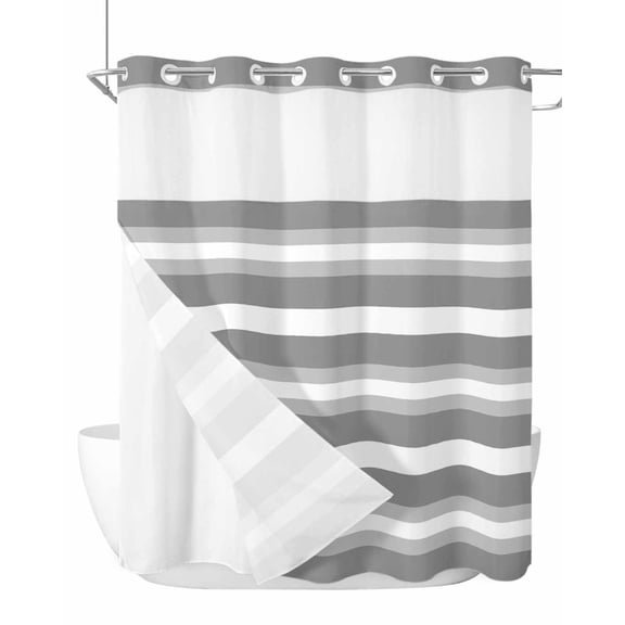 No Hook Cloth Fabric Shower Curtain with Snap in Liner, Grey Stripe Waterproof Shower Curtains Set with See Through Top Window, Minimalist Farmhouse Striped Bath Curtains Shower 72"x78"