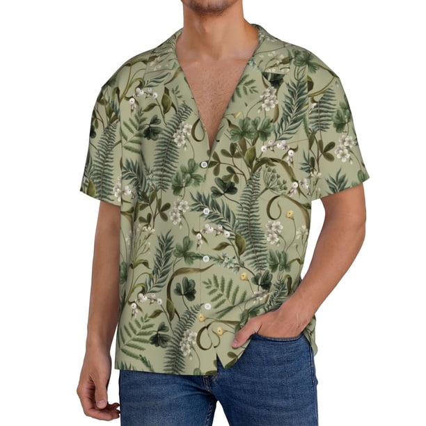 Balery Tropical Plants Green Camisa Casual de Manga Corta con Botones para Hombre, Texturizada, Estilo Cubano, para Playa, Verano-XX-Large