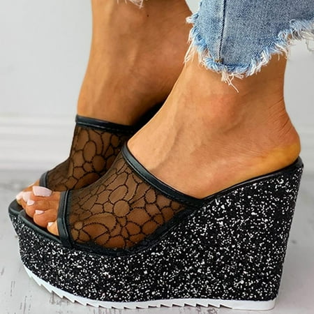 

YTJX Summer Womens Ladies Wedge Platform Slippers Casual Peep Toe Slip On Shoes