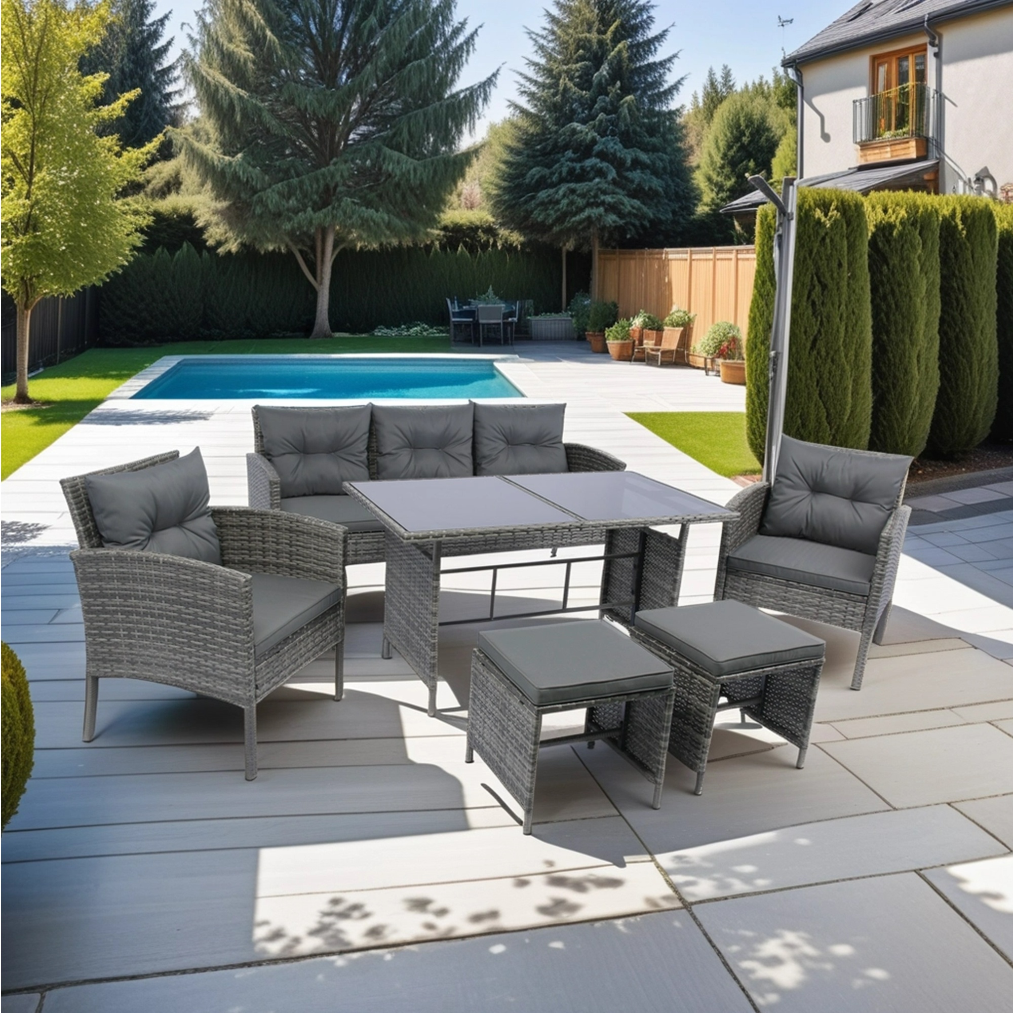 PORKISS 6 Piece Patio Furniture Set, Wicker Sectional Sofa Set with Dining Table, Modern Conversation Set with Dark Grey Cushions for Garden, Yard, Poolside, Grey