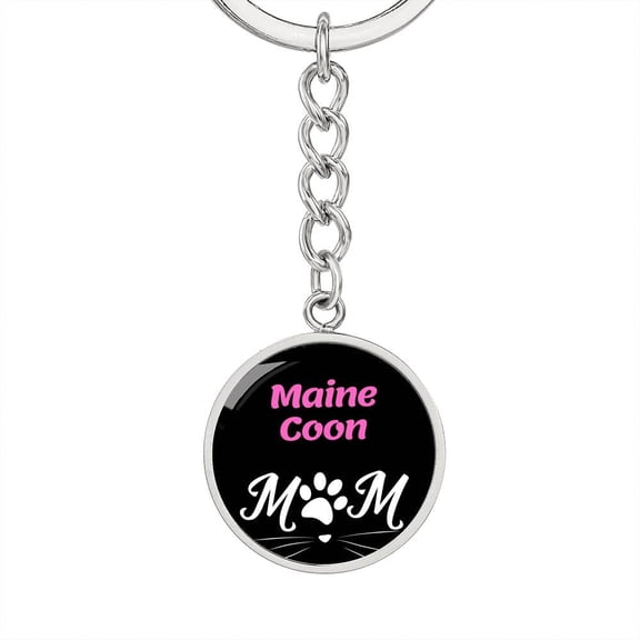 Maine Coon Cat Mom Keychain Stainless Steel or 18k Gold Circle Pendant