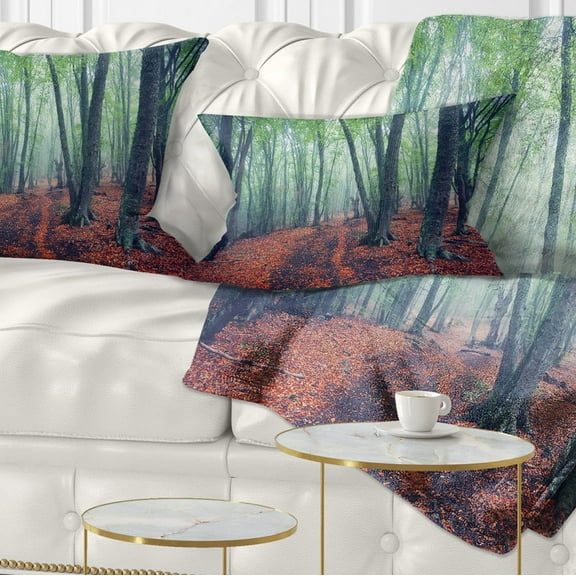 Designart Beautiful Green Autumn Forest - Landscape Photography Throw Pillow - 12x20