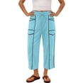 thumbnail image 4 of ZHYou No Boundarie Womens Wide Leg Capri Pants High Waisted Drawstring Elastic Waist with Pockets Contrast Stripe Loose Fit Casual Summer Cropped Trousers Light Blue Size XL, 4 of 8