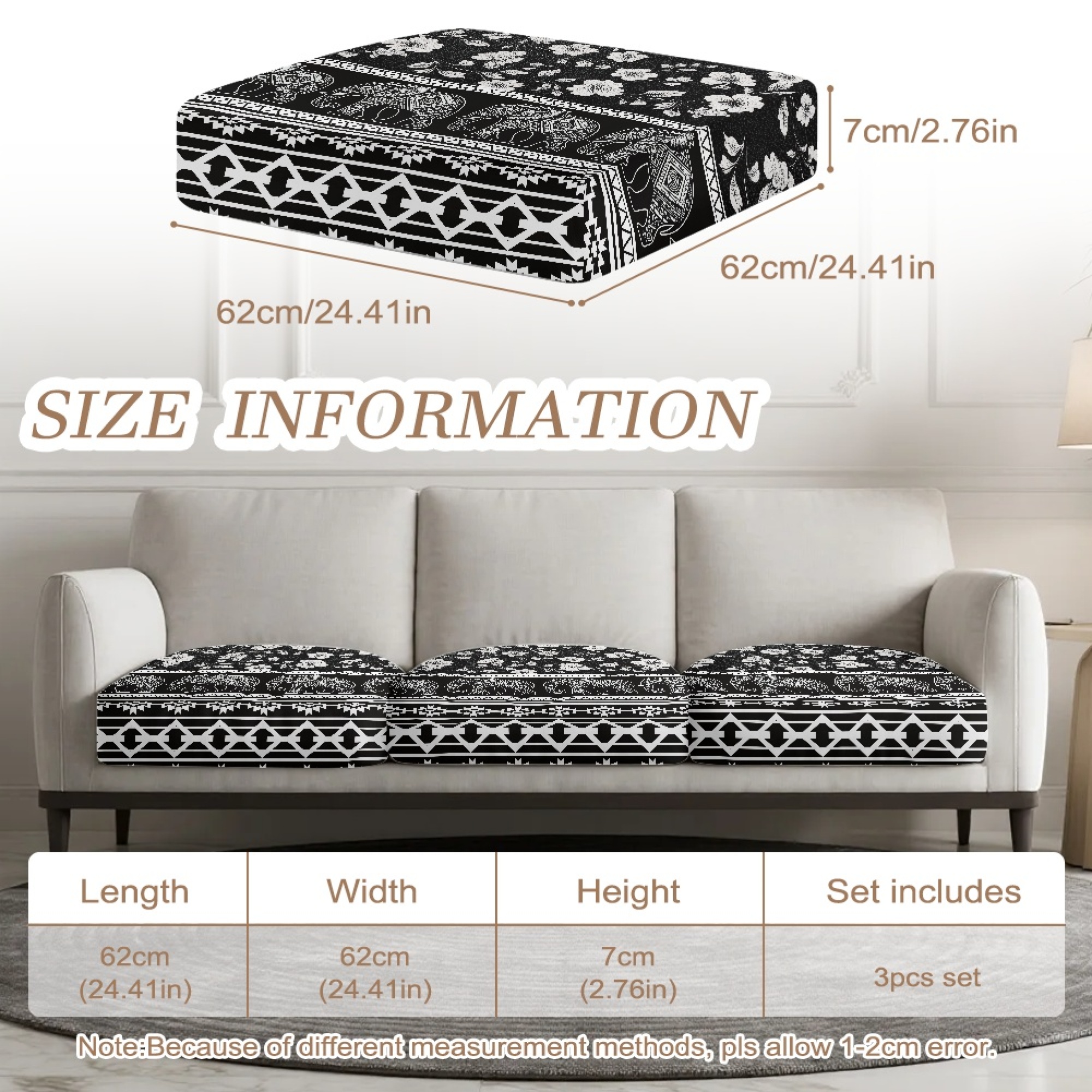 TSOVTHRID Aztec Elephant Floral Print Couch Cushion Covers for 3 Cushion Sofa Luxury Anti Slip Couch Cover 3 Pieces Stretch Furniture Protector for Dogs, Easy Install, 24x24 Inch