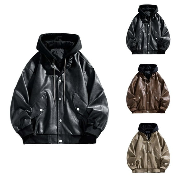 Men's Leather Jacket 2025 Long Sleeve Outdoor Casual Button Down Collared Jacket with Pockets Slim Fit Outerwear Coat
