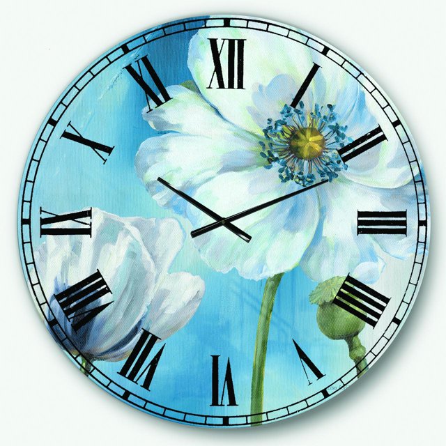 Designart 'Handpainted White Flower on Blue I' Farmhouse wall clock