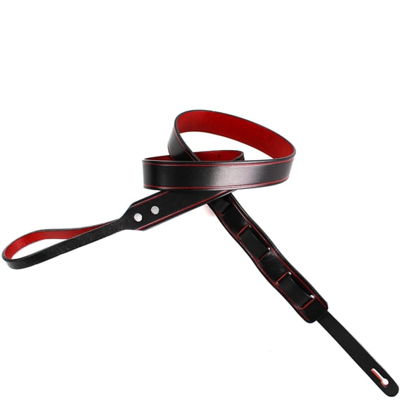 Walker And Williams M-12 Premium Handmade Black With Red Back Grain Leather Mandolin, Mandola, Bouzouki or Uke Strap For A and F