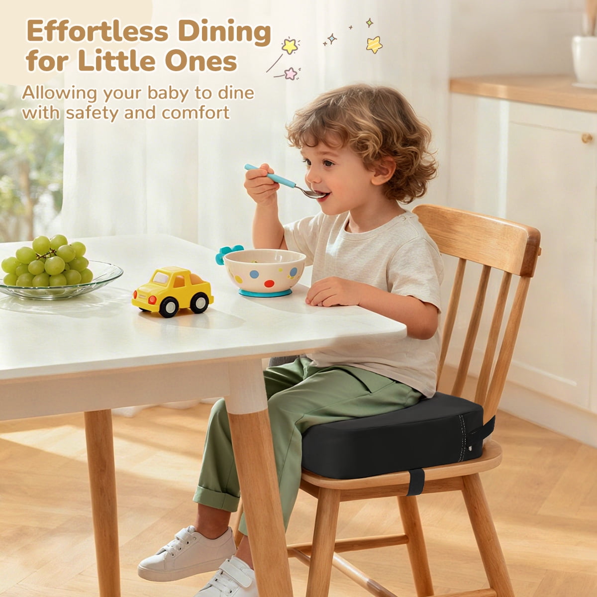 Toddler Booster Seat for Dining Table, Caveen Waterproof Booster Seat for Kitchen Chair, with Adjustable Straps, Portable Increasing Cushion at Home or Going Out, Non-Slip, Black